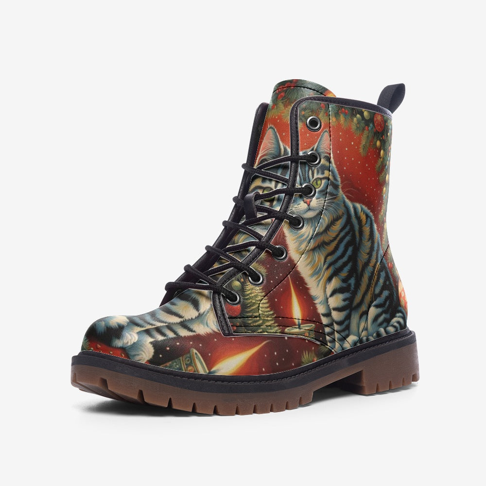Cat Under The Christmas Tree Casual Leather Lightweight Boots For Holiday Season