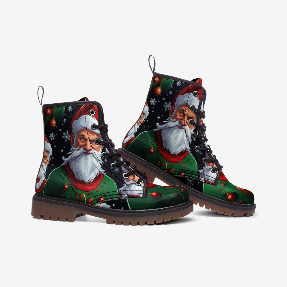 Christmas Gifts, Funny Santa Claus Face Casual Leather Lightweight Boots For Holiday Season