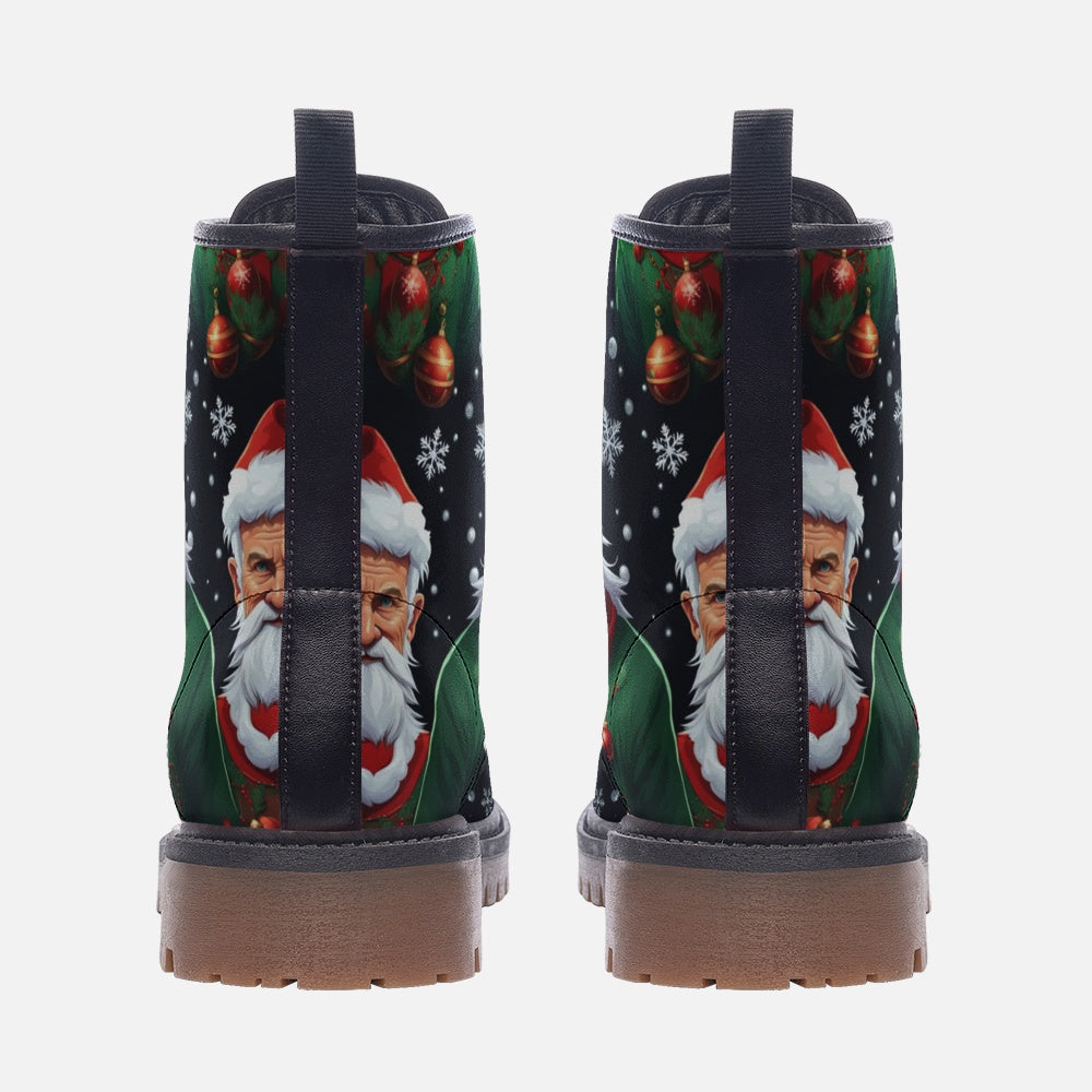 Christmas Gifts, Funny Santa Claus Face Casual Leather Lightweight Boots For Holiday Season