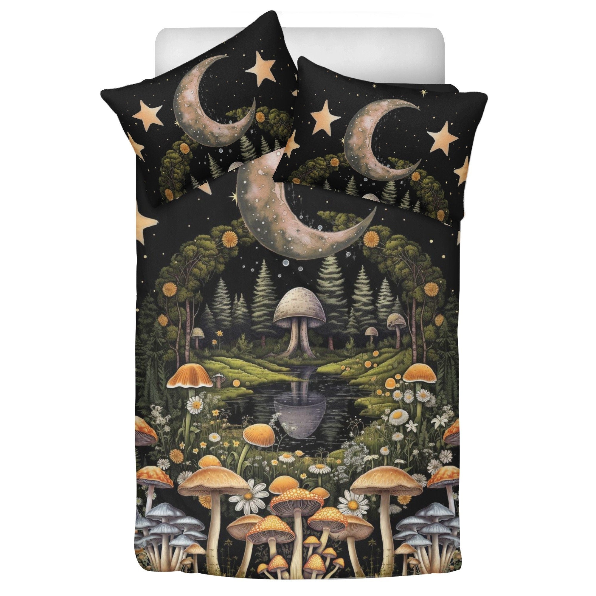 Cottagecore Fairyland Mushroom, Celestial Moon Bedding Set For Hippies