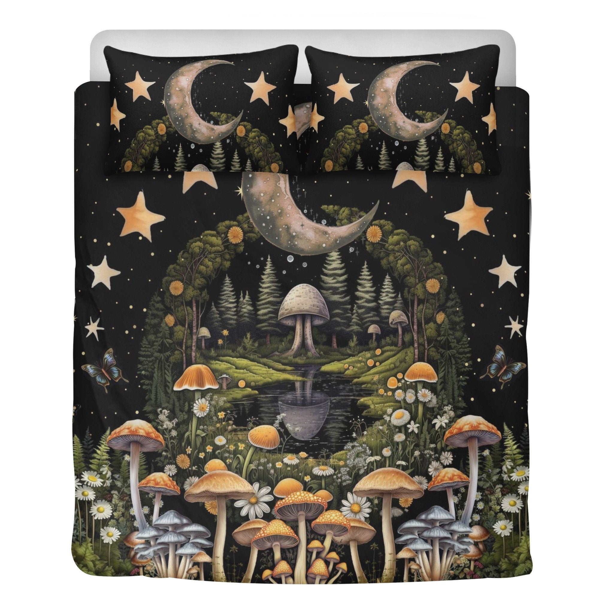 Cottagecore Fairyland Mushroom, Celestial Moon Bedding Set For Hippies