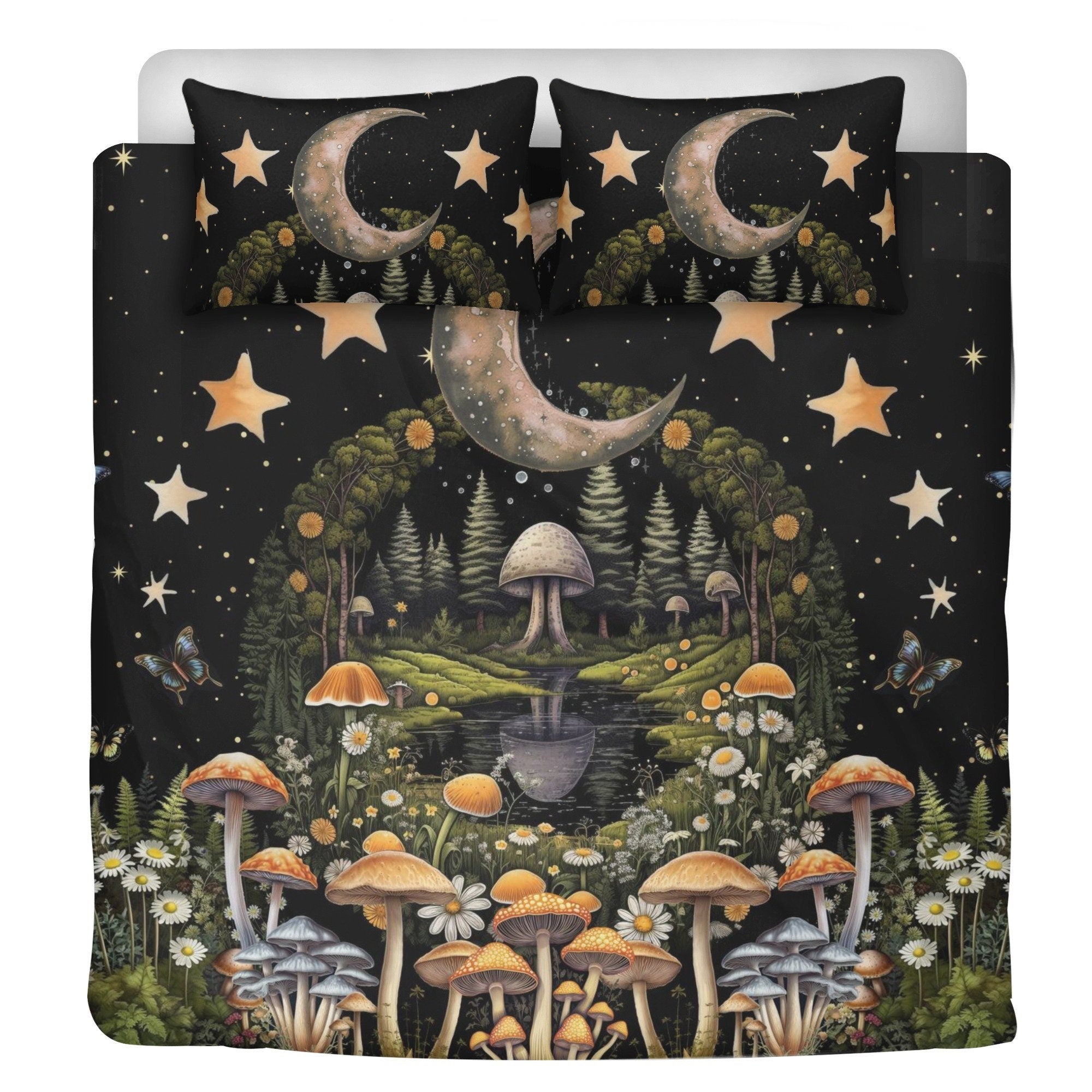 Cottagecore Fairyland Mushroom, Celestial Moon Bedding Set For Hippies