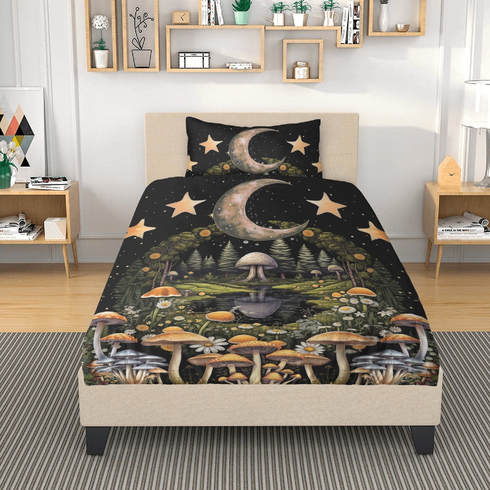 Cottagecore Fairyland Mushroom, Celestial Moon Bedding Set For Hippies