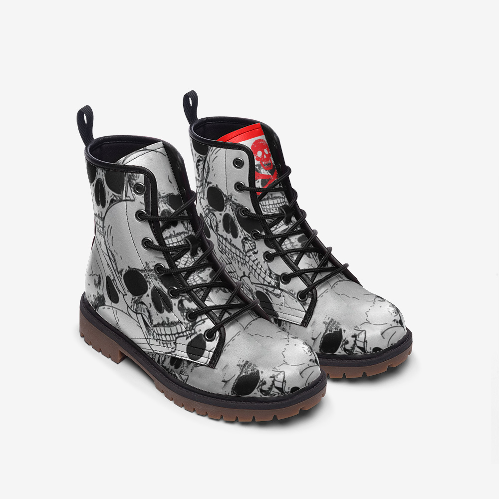 Death Sign Skull, Black And White Casual Leather Lightweight Boots For Holiday Season