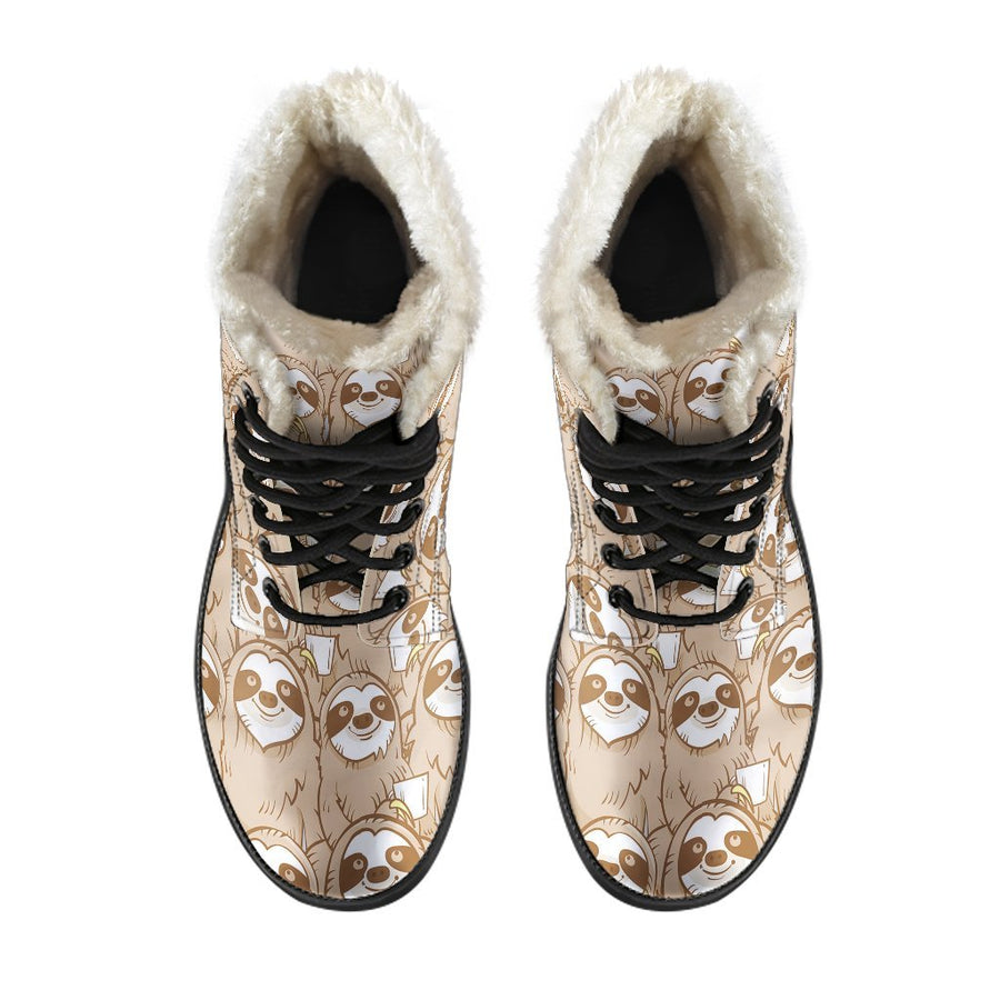 Beige Sloth, Vintage Vibes Print Comfy Faux Fur Boots For Holiday Season
