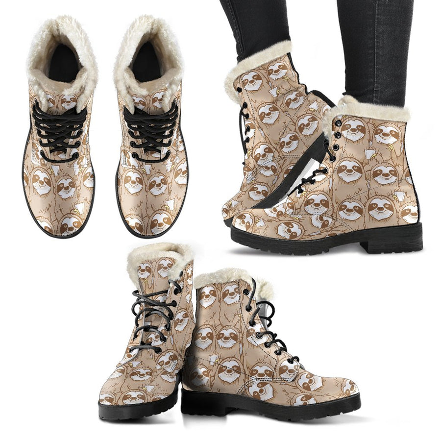 Beige Sloth, Vintage Vibes Print Comfy Faux Fur Boots For Holiday Season