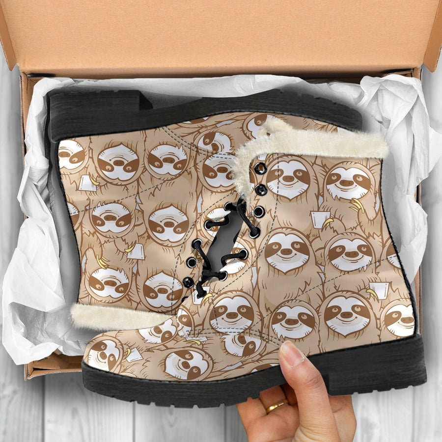 Beige Sloth, Vintage Vibes Print Comfy Faux Fur Boots For Holiday Season