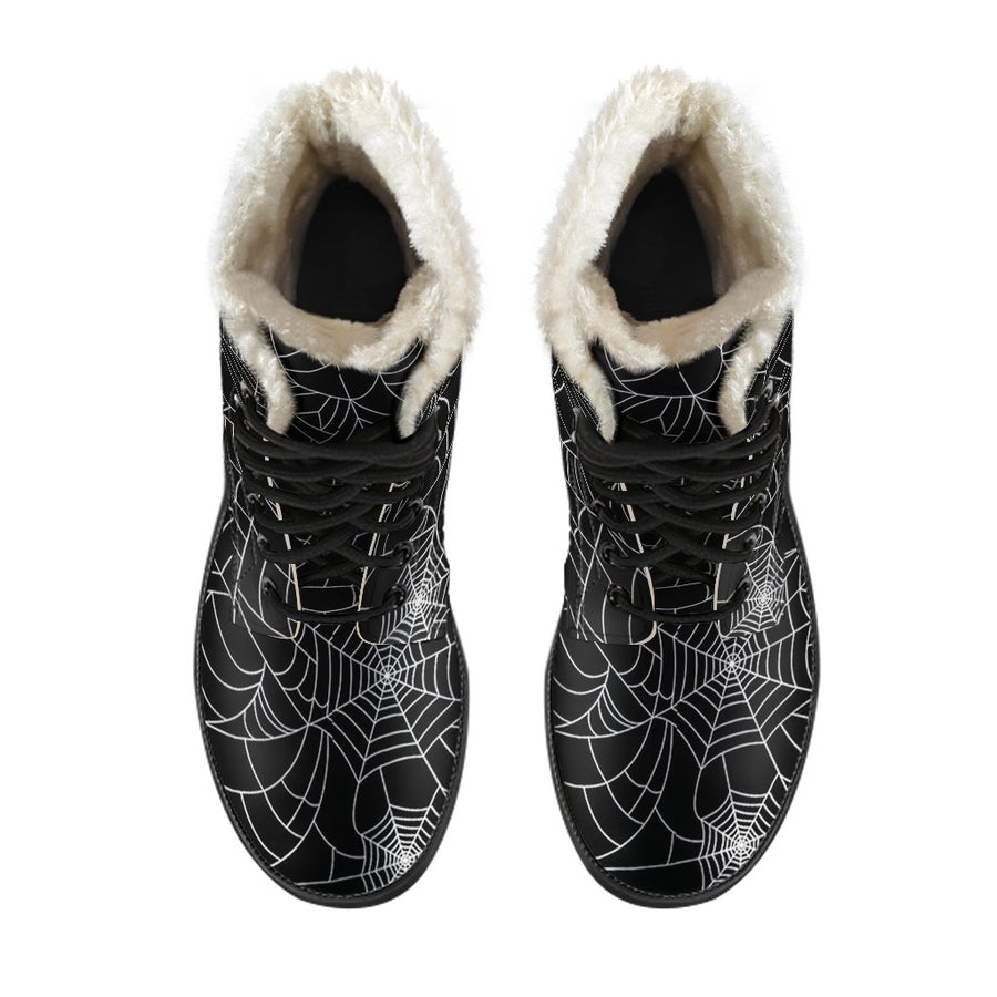 Black Spider Web, Vintage Cartoon Print Comfy Faux Fur Boots For Holiday Season