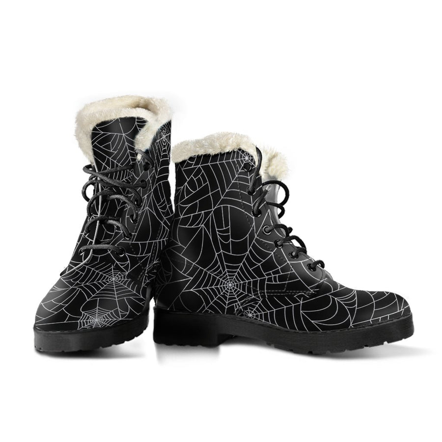 Black Spider Web, Vintage Cartoon Print Comfy Faux Fur Boots For Holiday Season