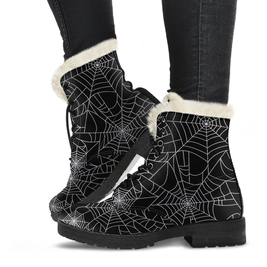 Black Spider Web, Vintage Cartoon Print Comfy Faux Fur Boots For Holiday Season