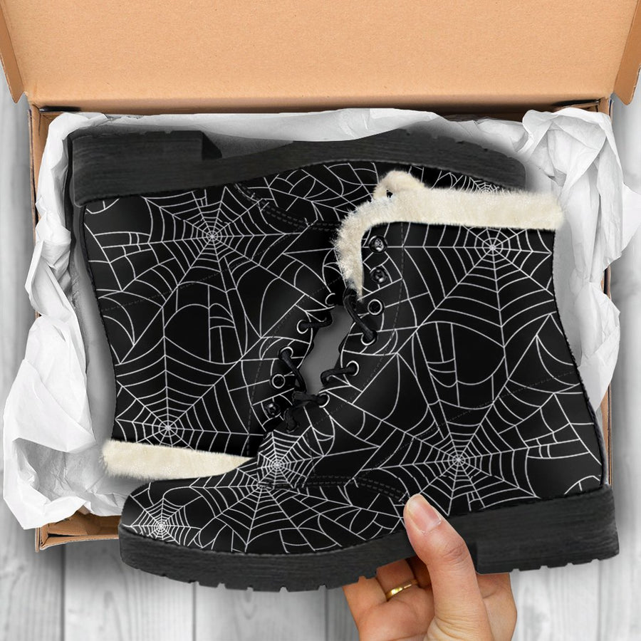 Black Spider Web, Vintage Cartoon Print Comfy Faux Fur Boots For Holiday Season