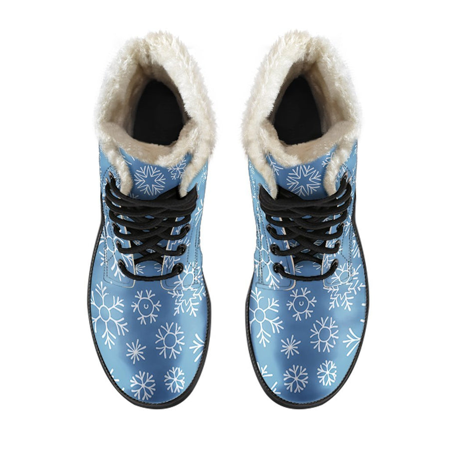 Blue Snowflake, Vintage Vibes Print Comfy Faux Fur Boots For Holiday Season