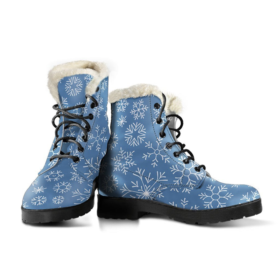 Blue Snowflake, Vintage Vibes Print Comfy Faux Fur Boots For Holiday Season
