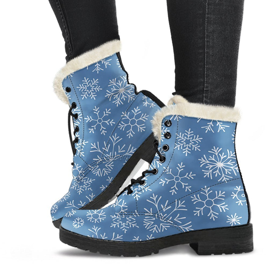 Blue Snowflake, Vintage Vibes Print Comfy Faux Fur Boots For Holiday Season