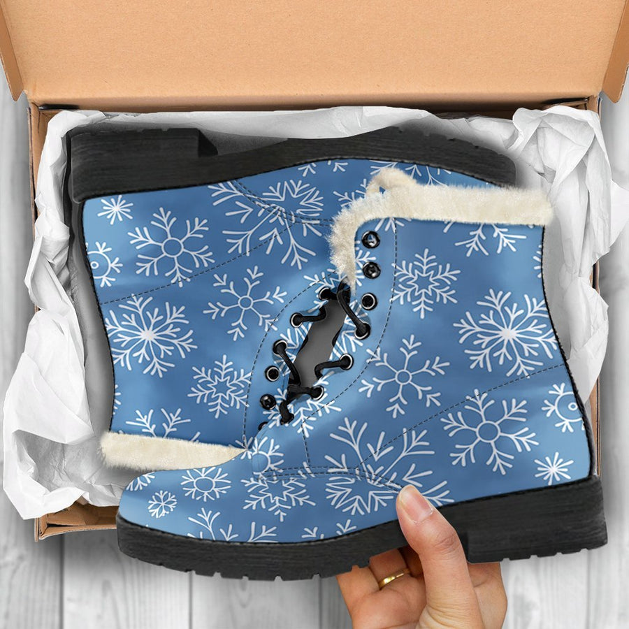 Blue Snowflake, Vintage Vibes Print Comfy Faux Fur Boots For Holiday Season