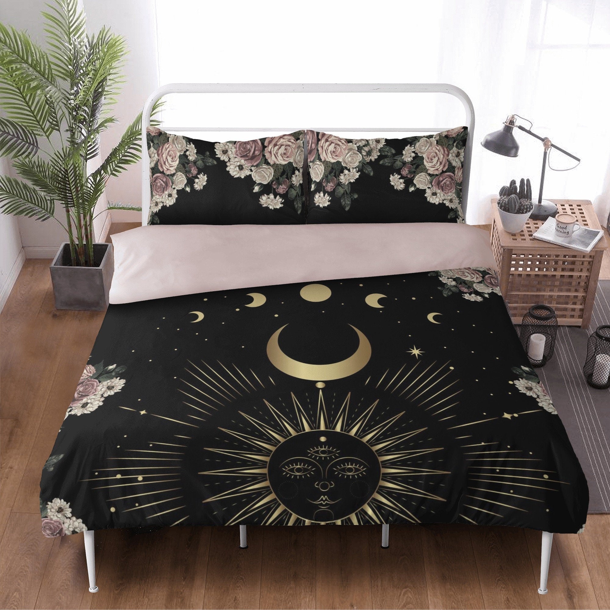 Boho Dark Cottagecore Pale Rose Moon Bedding Set For Hippies