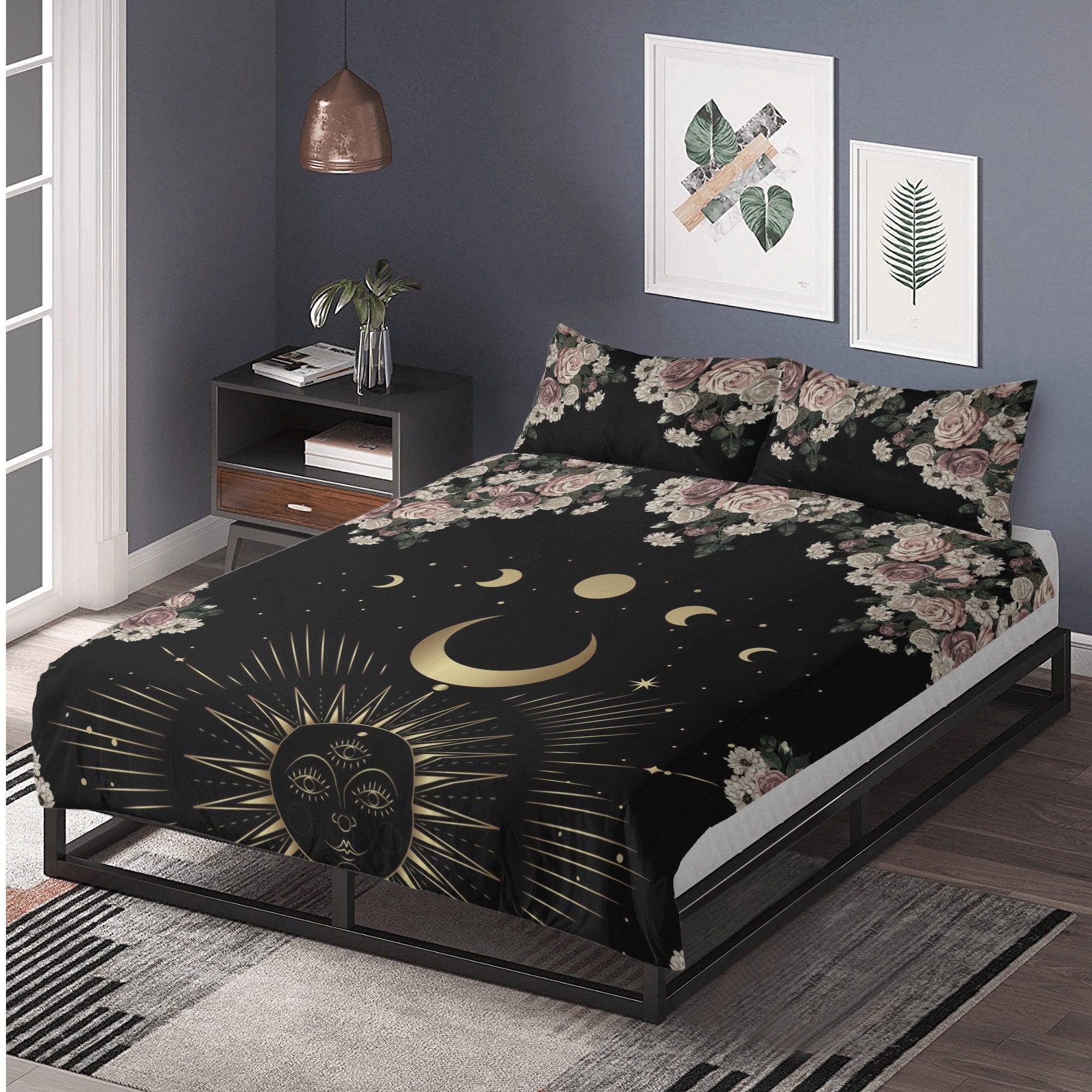 Boho Dark Cottagecore Pale Rose Moon Bedding Set For Hippies