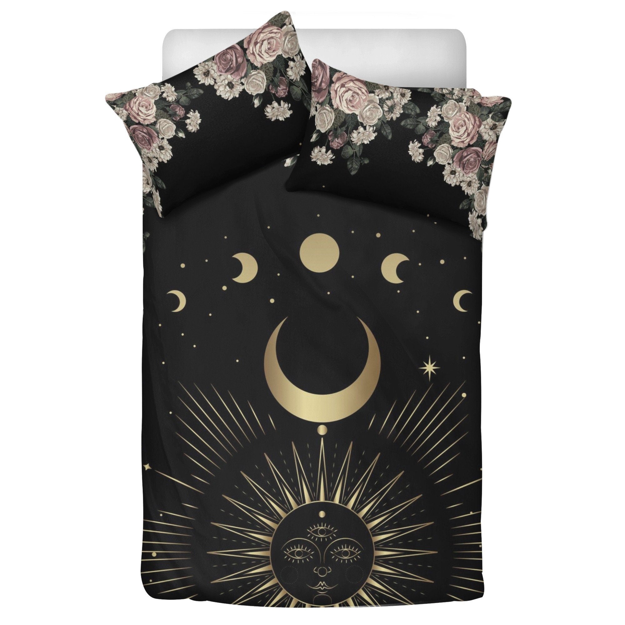 Boho Dark Cottagecore Pale Rose Moon Bedding Set For Hippies