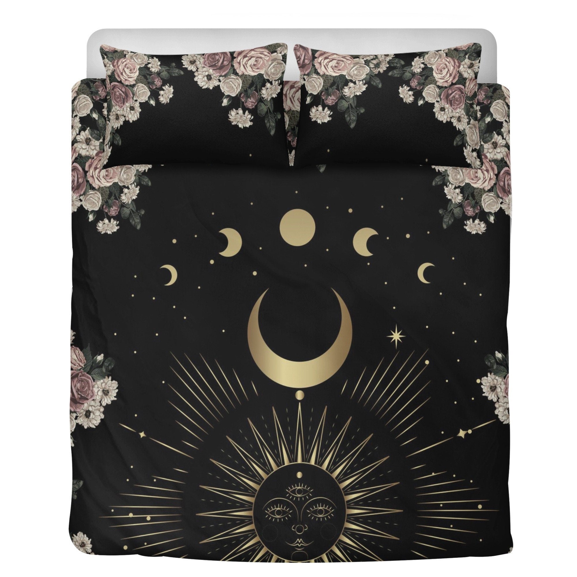 Boho Dark Cottagecore Pale Rose Moon Bedding Set For Hippies