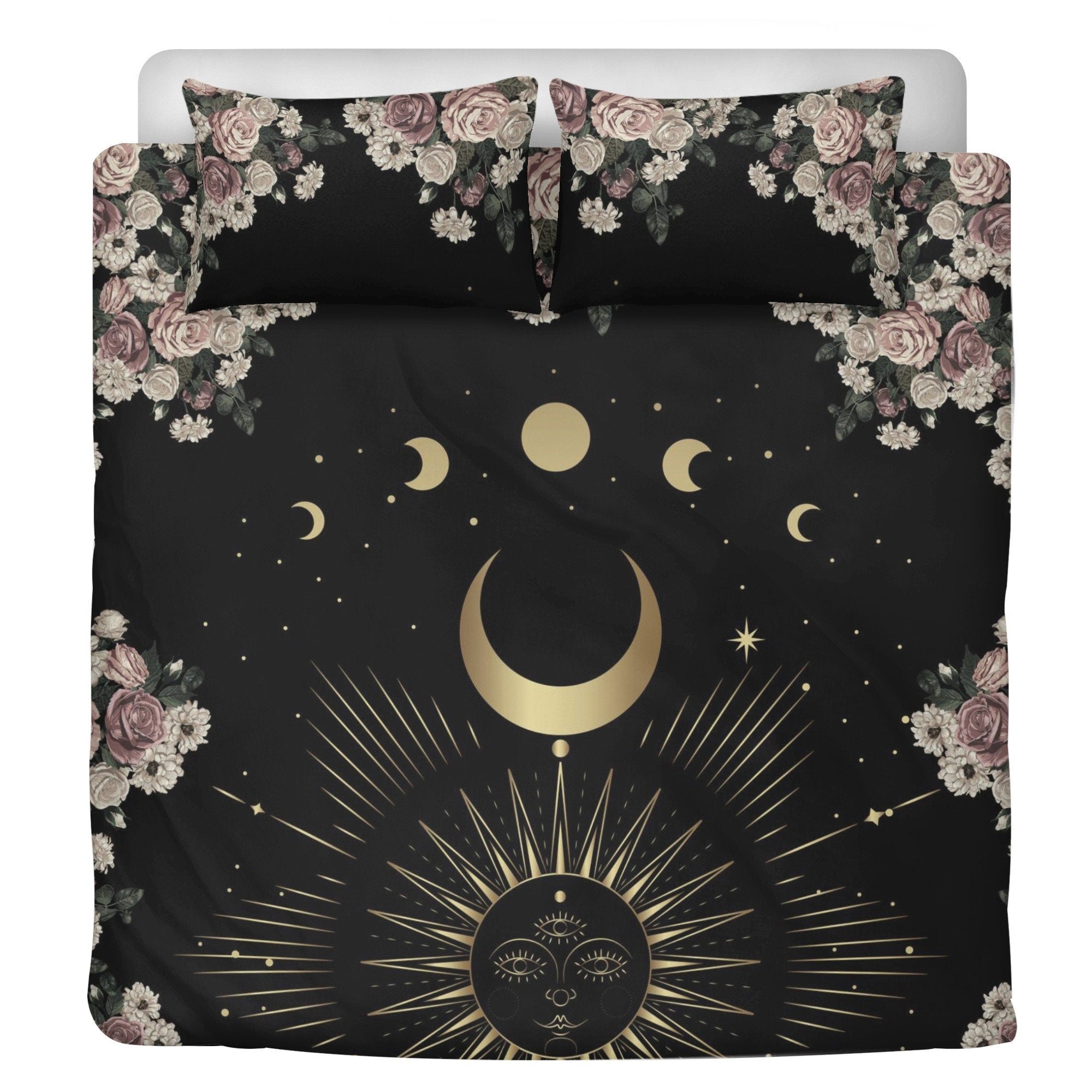 Boho Dark Cottagecore Pale Rose Moon Bedding Set For Hippies