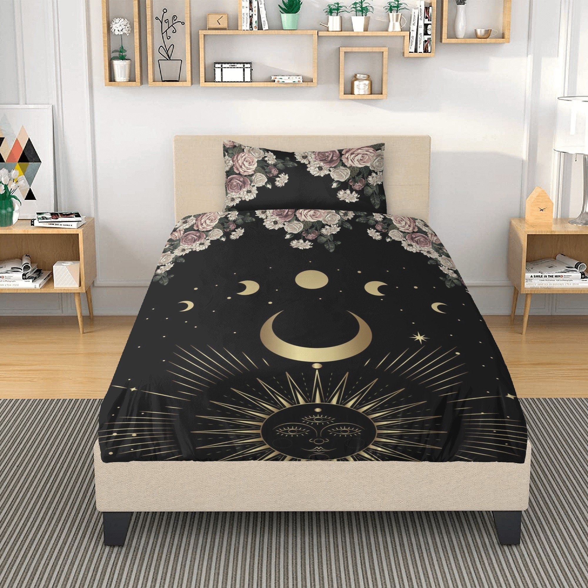 Boho Dark Cottagecore Pale Rose Moon Bedding Set For Hippies