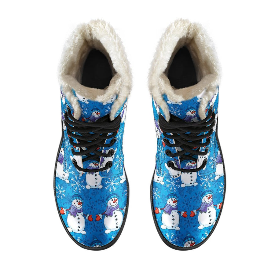 Emerald Blossoms - Christmas Snowman, Vintage Blue Print Comfy Faux Fur Boots For Holiday Season