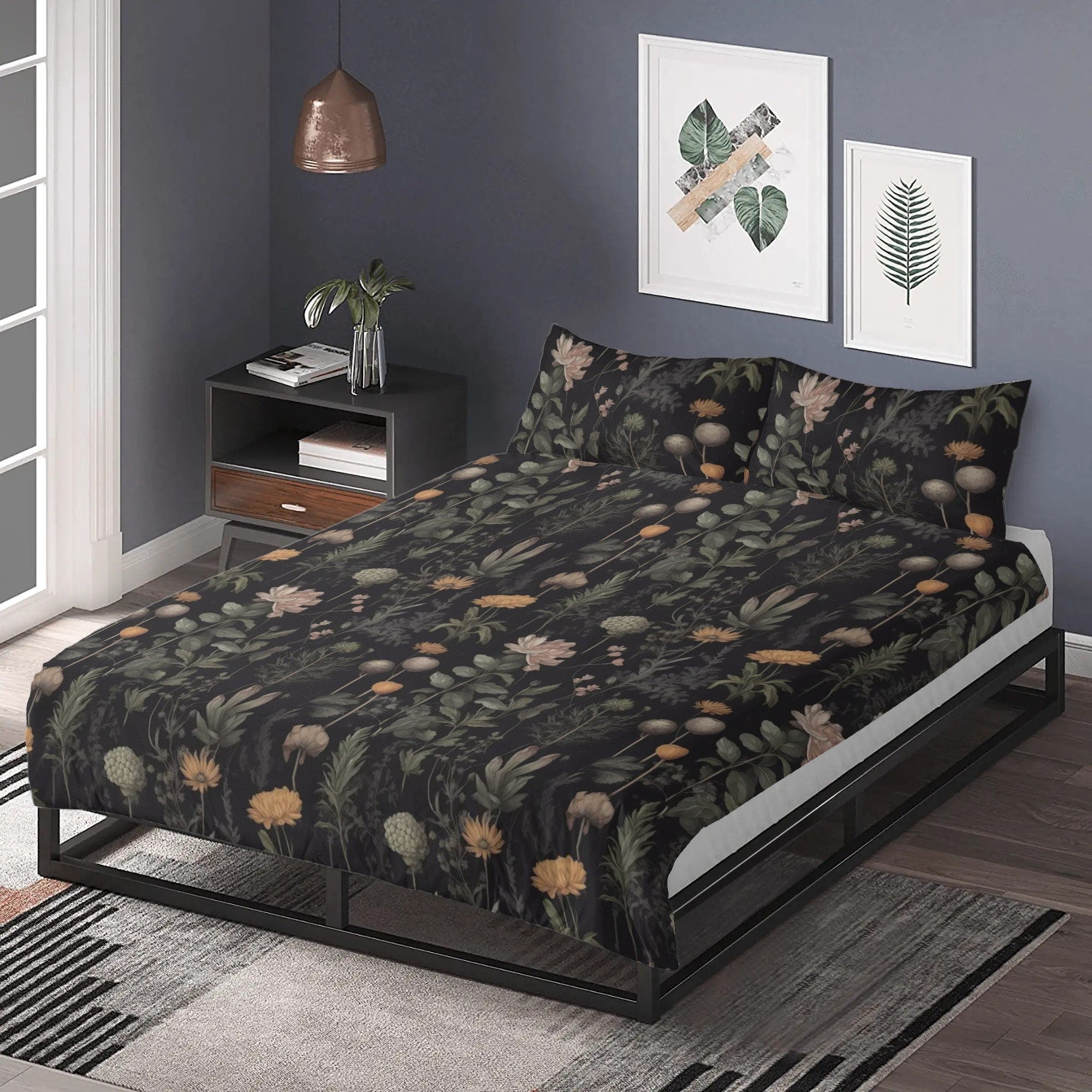 Dark Cottagecore Moody Botanical, Boho Flower Bedding Set For Hippies