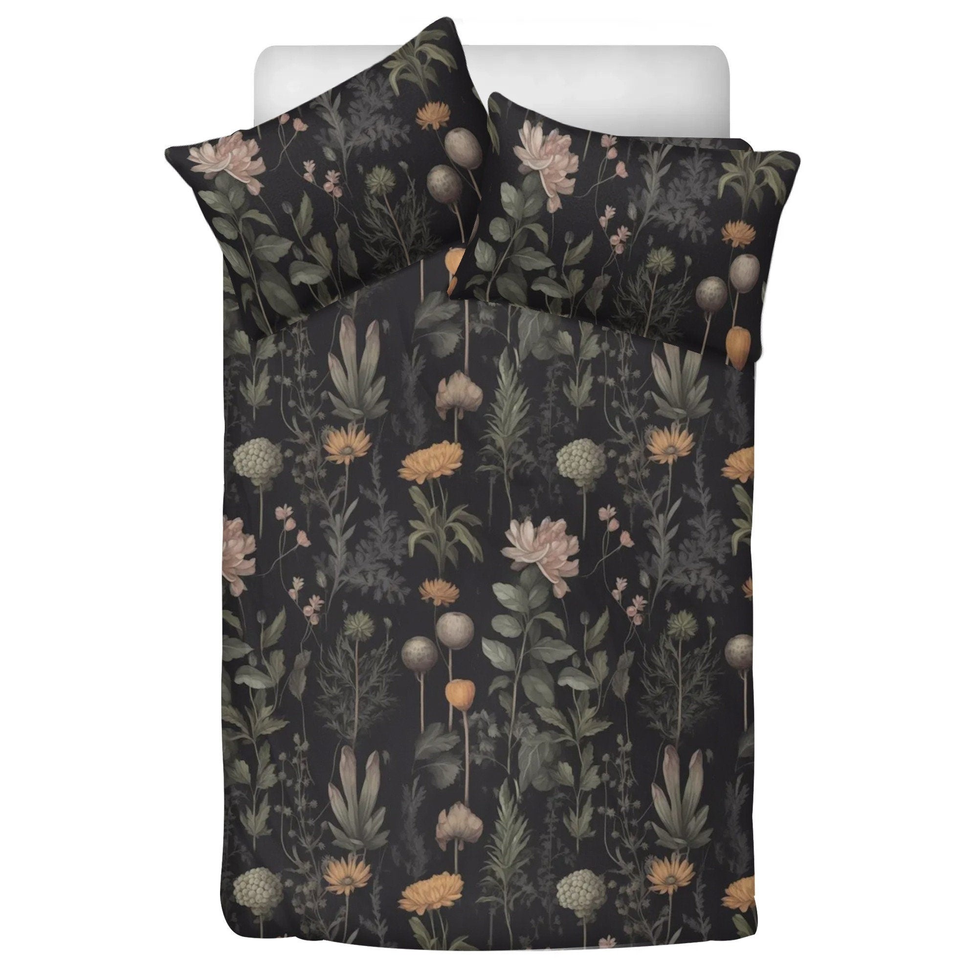 Dark Cottagecore Moody Botanical, Boho Flower Bedding Set For Hippies