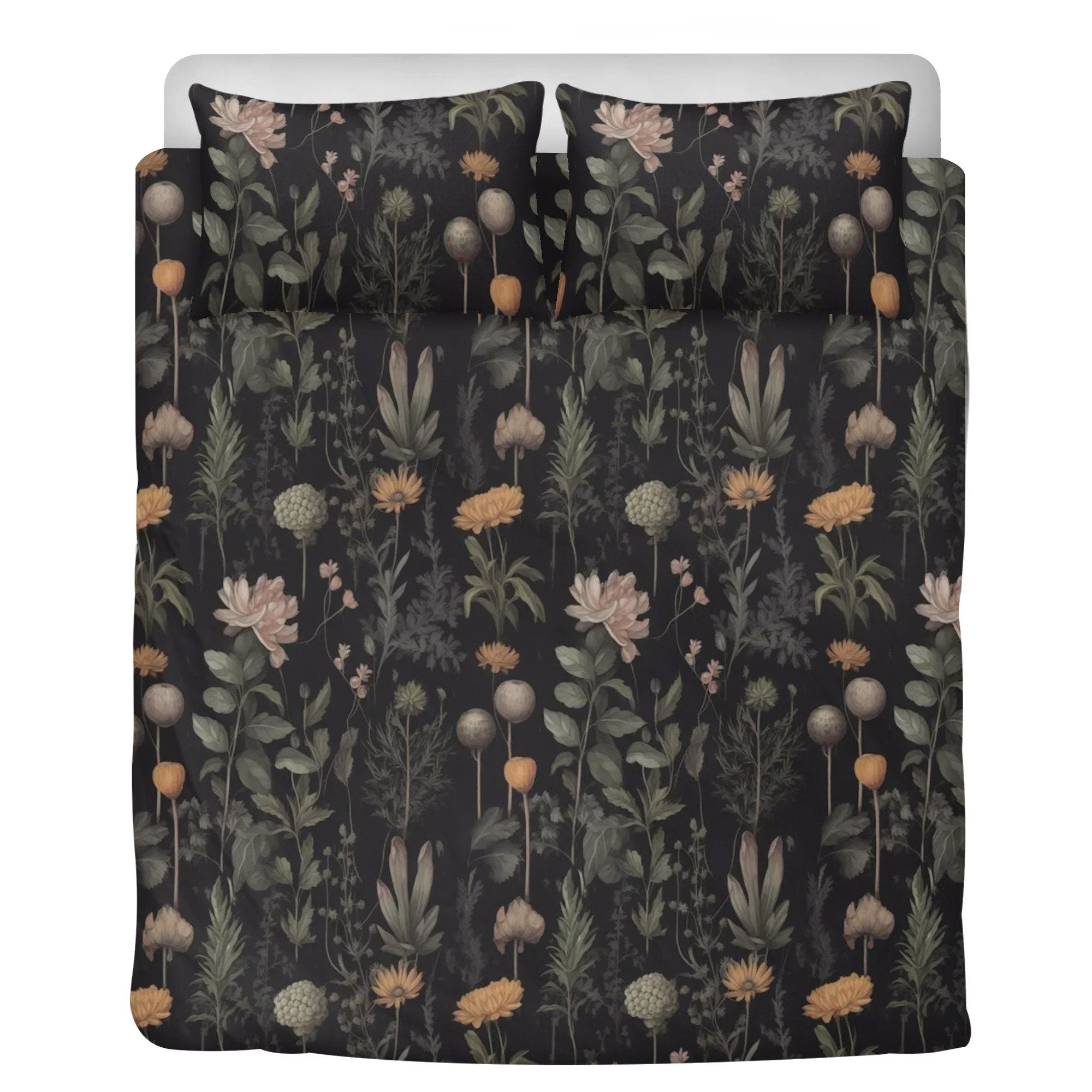 Dark Cottagecore Moody Botanical, Boho Flower Bedding Set For Hippies