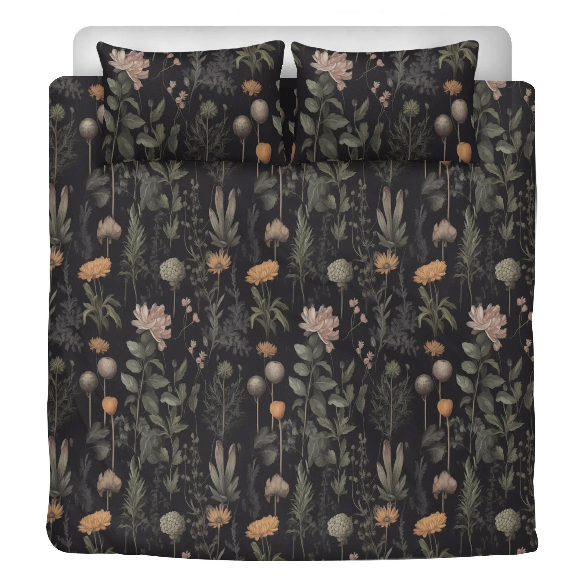 Dark Cottagecore Moody Botanical, Boho Flower Bedding Set For Hippies