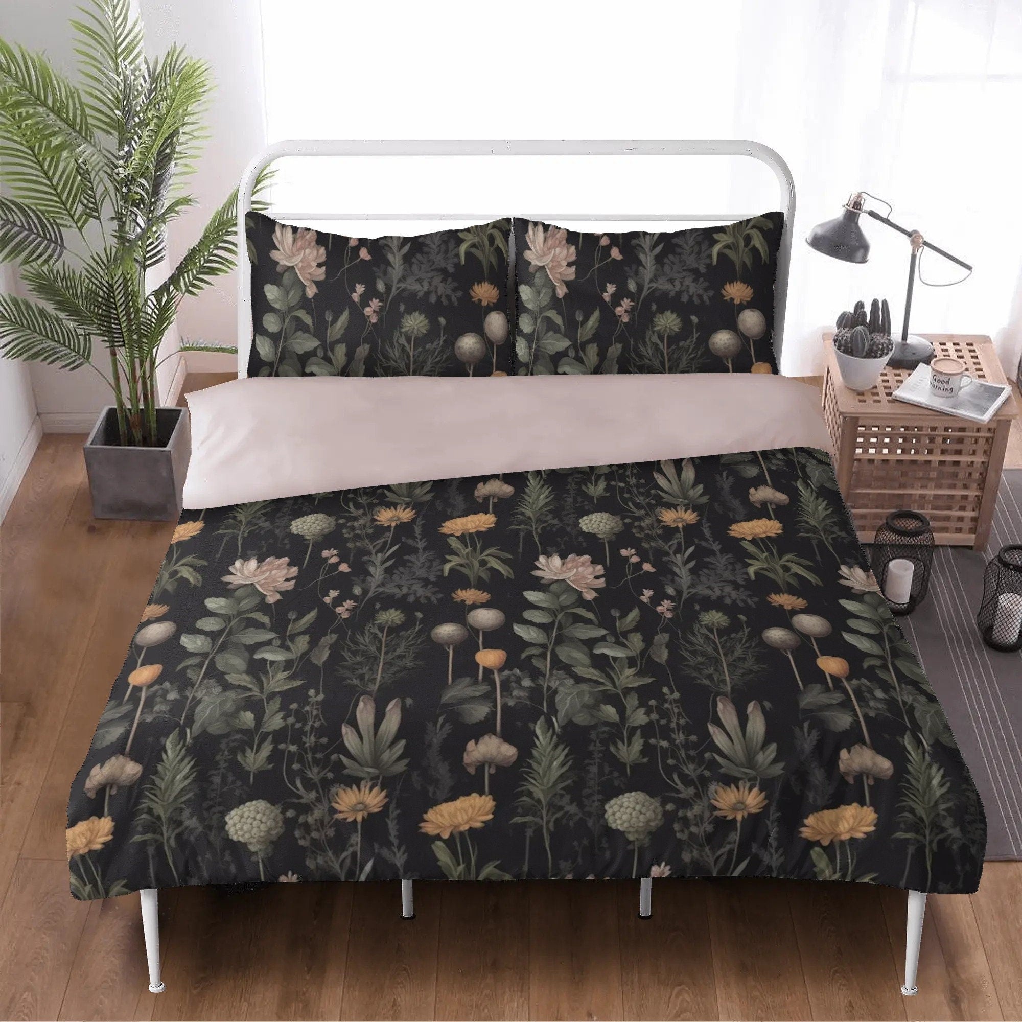 Dark Cottagecore Moody Botanical, Boho Flower Bedding Set For Hippies