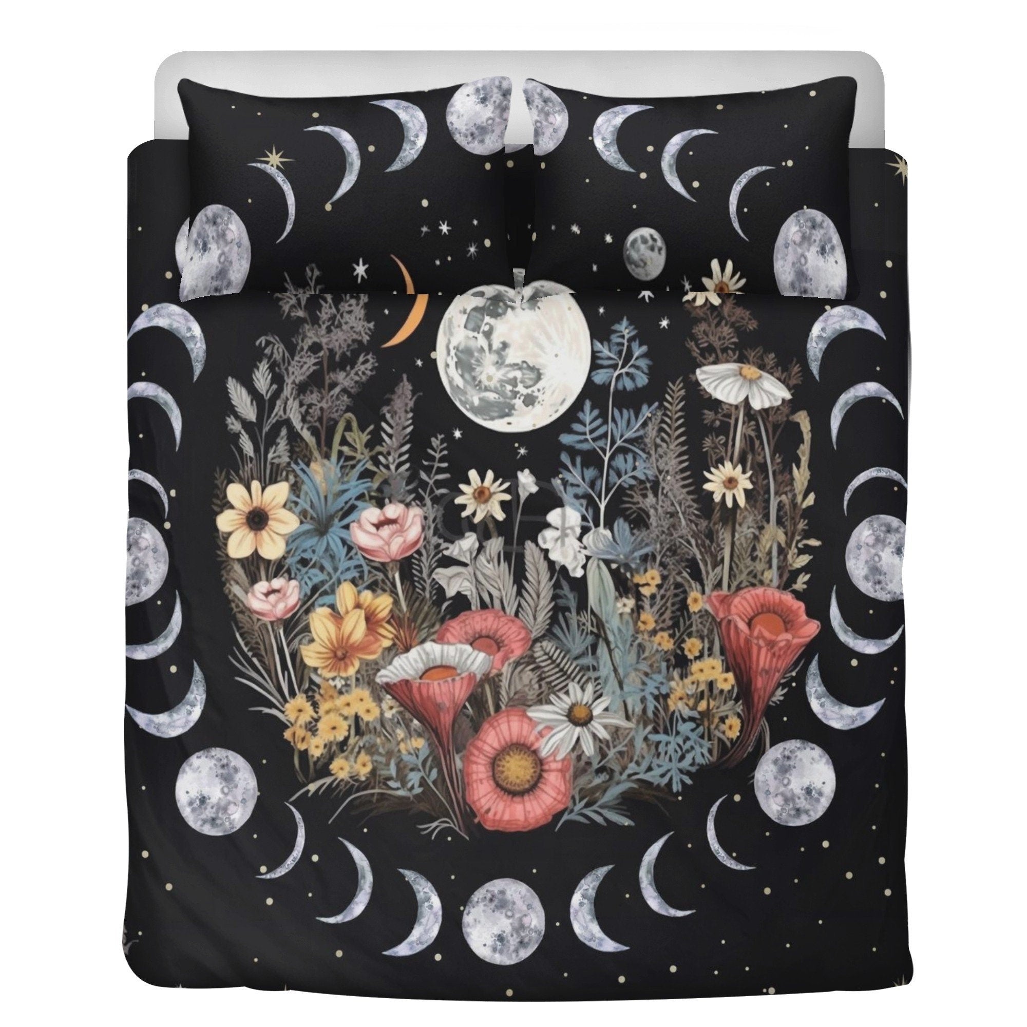Dark Cottagecore Moon Phase Cycle, Boho Flower Whimsical Bedding Set For Hippies