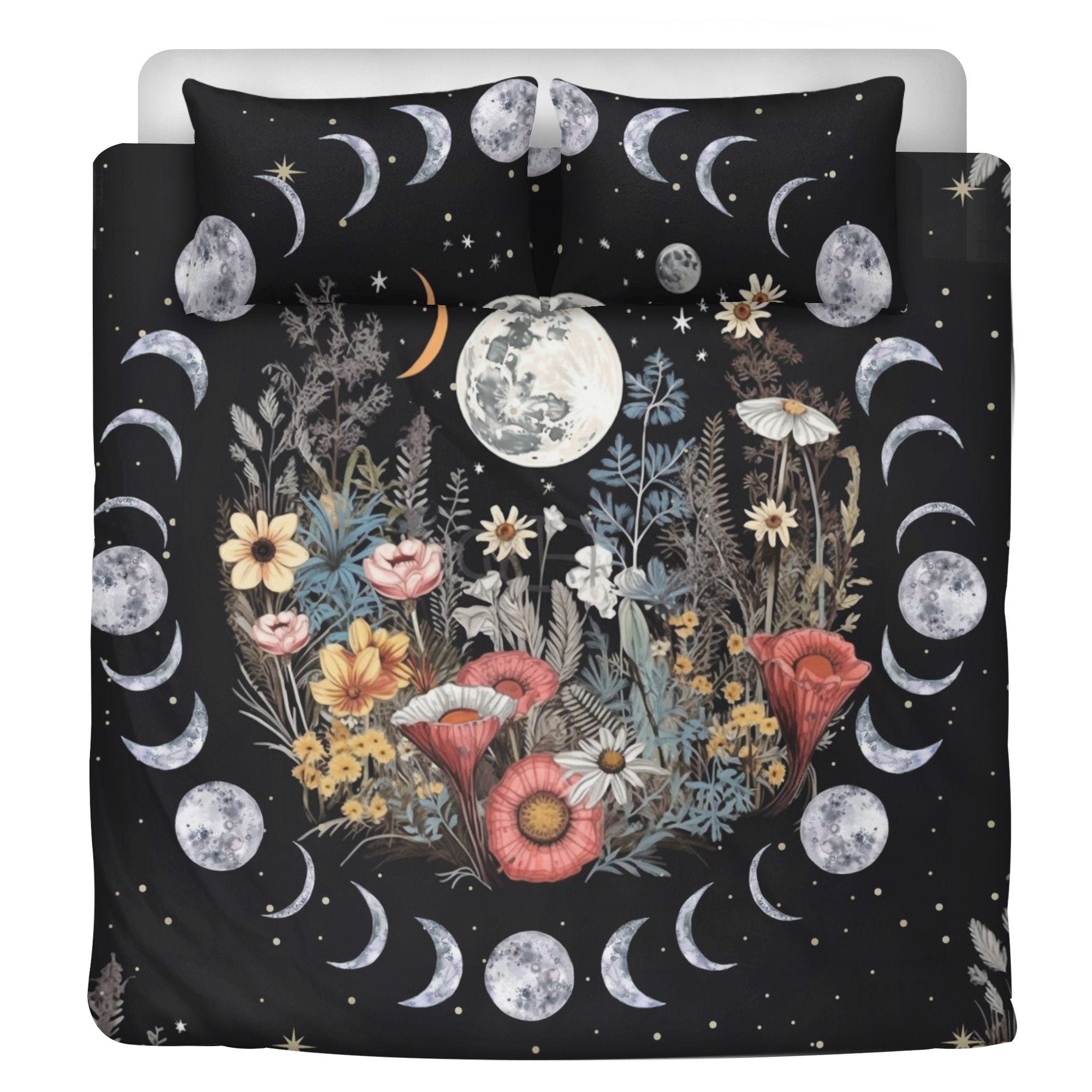 Dark Cottagecore Moon Phase Cycle, Boho Flower Whimsical Bedding Set For Hippies