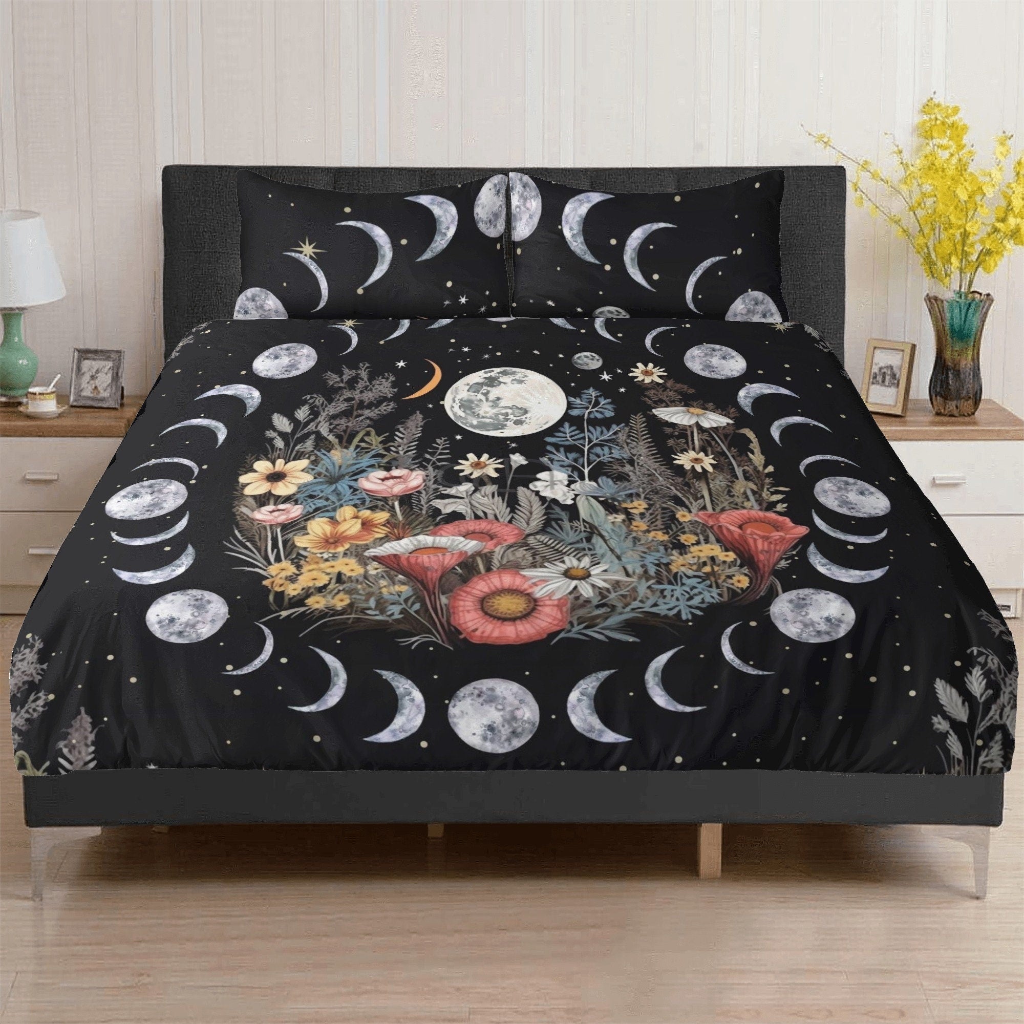 Dark Cottagecore Moon Phase Cycle, Boho Flower Whimsical Bedding Set For Hippies