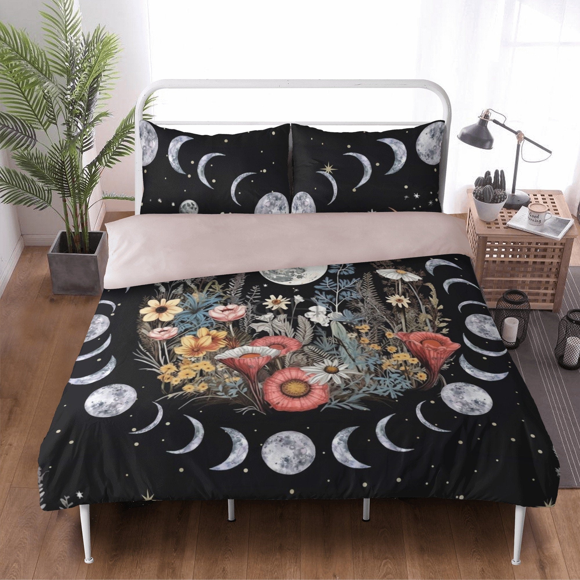 Dark Cottagecore Moon Phase Cycle, Boho Flower Whimsical Bedding Set For Hippies