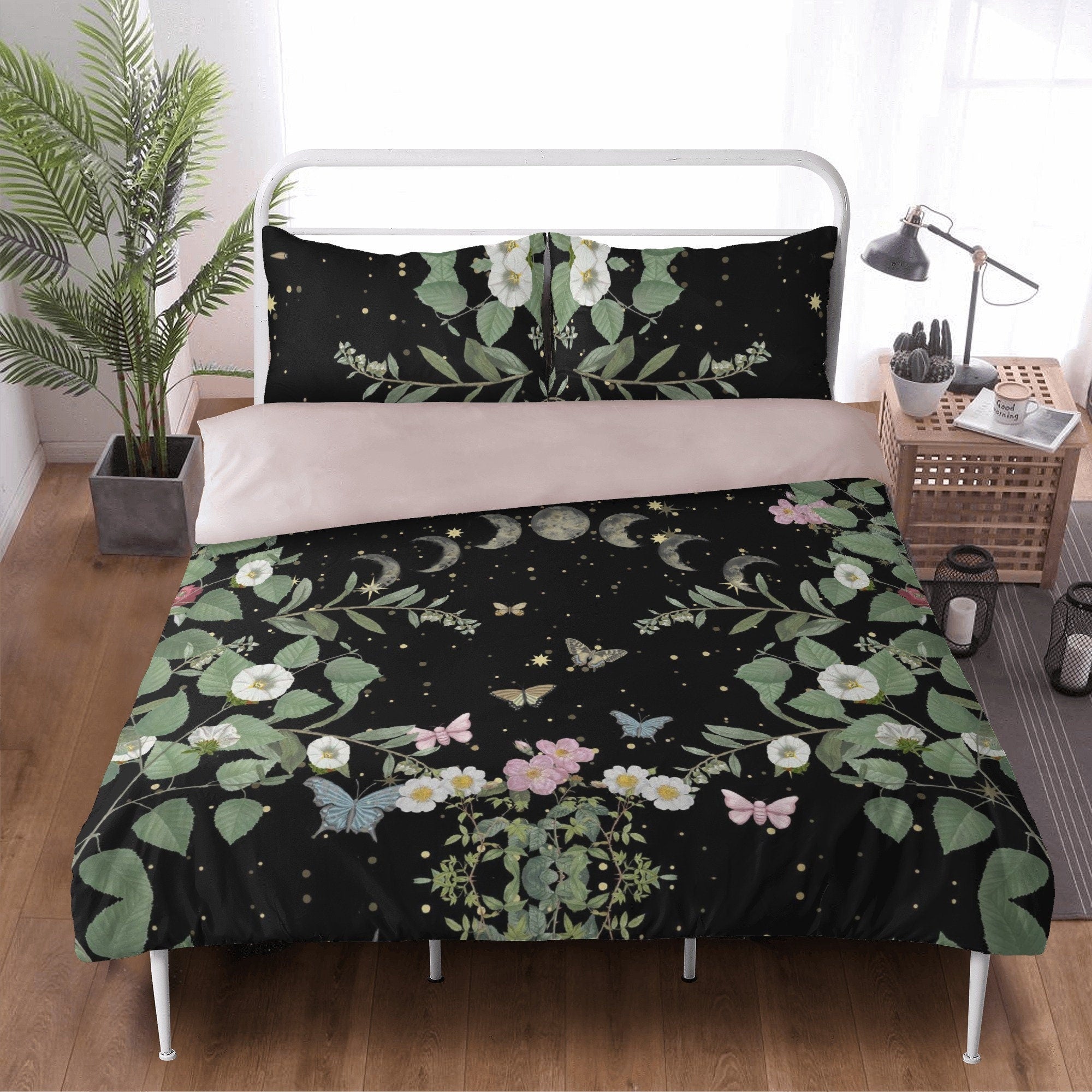 Dark Cottagecore Moon Phase, Moth Forest Bedding Set For Hippies