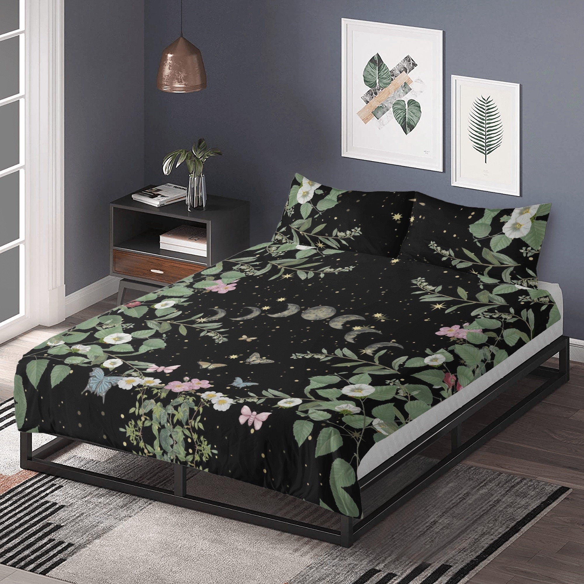 Dark Cottagecore Moon Phase, Moth Forest Bedding Set For Hippies
