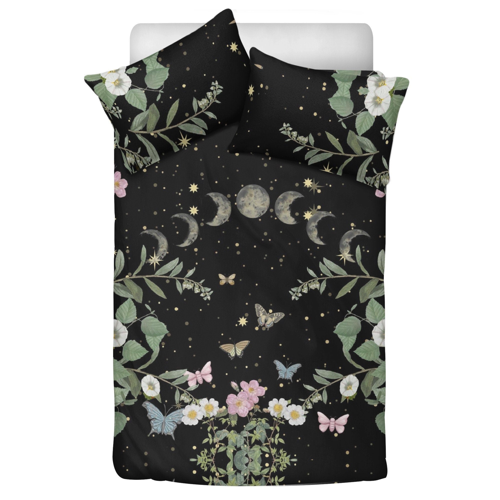 Dark Cottagecore Moon Phase, Moth Forest Bedding Set For Hippies
