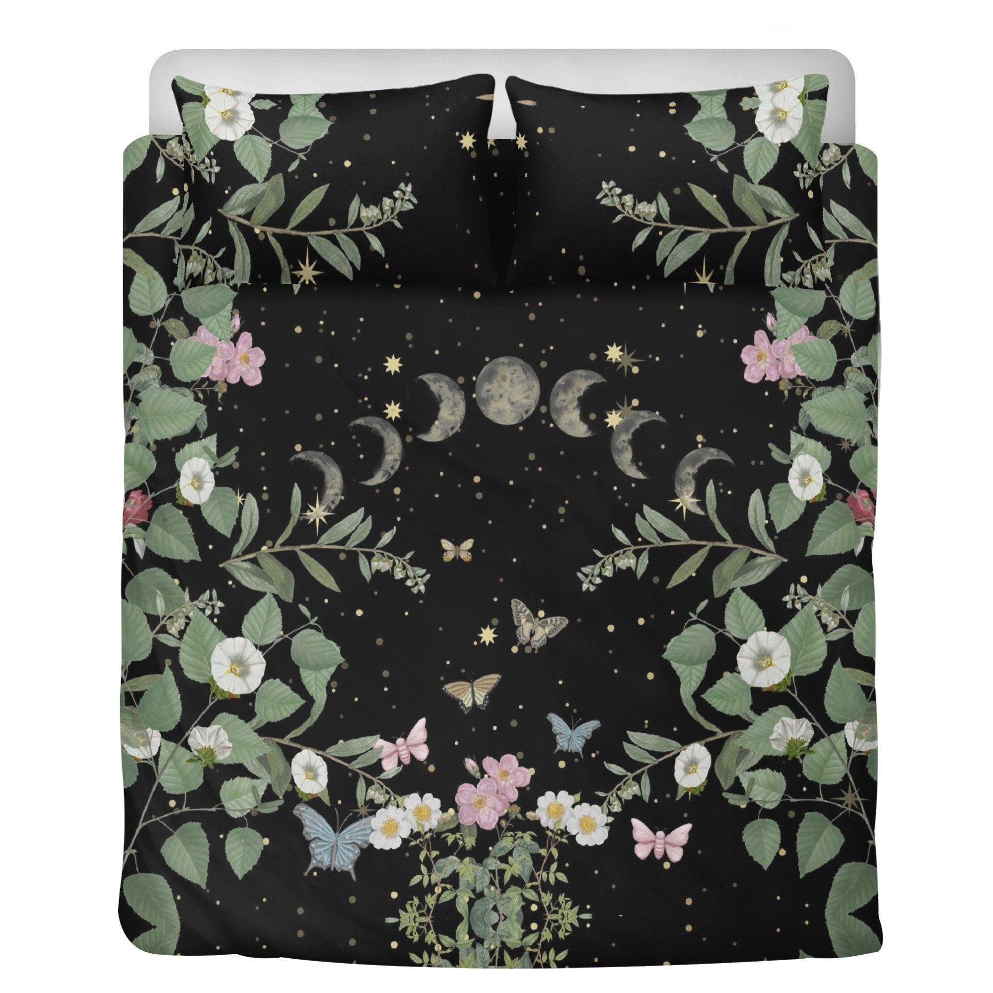 Dark Cottagecore Moon Phase, Moth Forest Bedding Set For Hippies