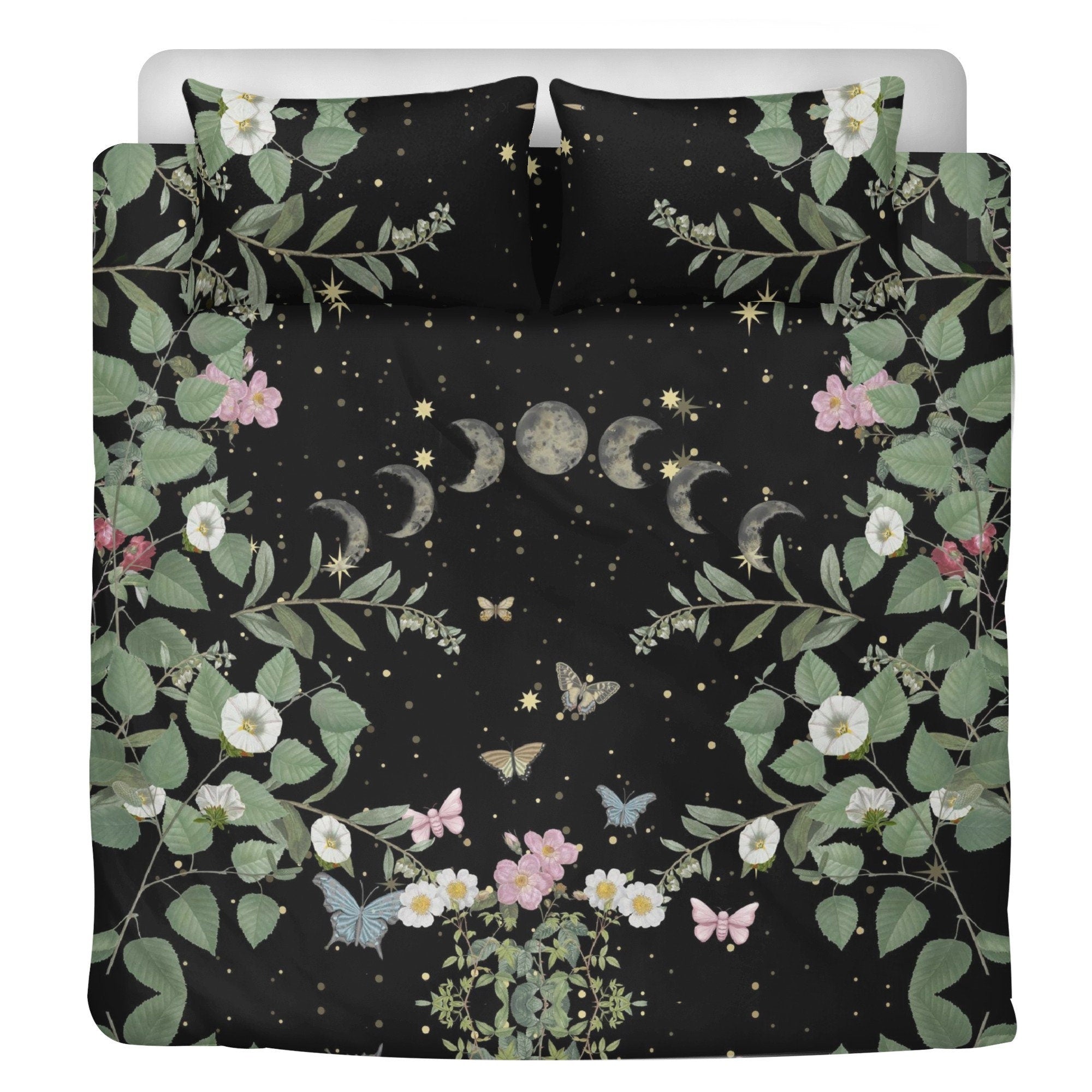 Dark Cottagecore Moon Phase, Moth Forest Bedding Set For Hippies