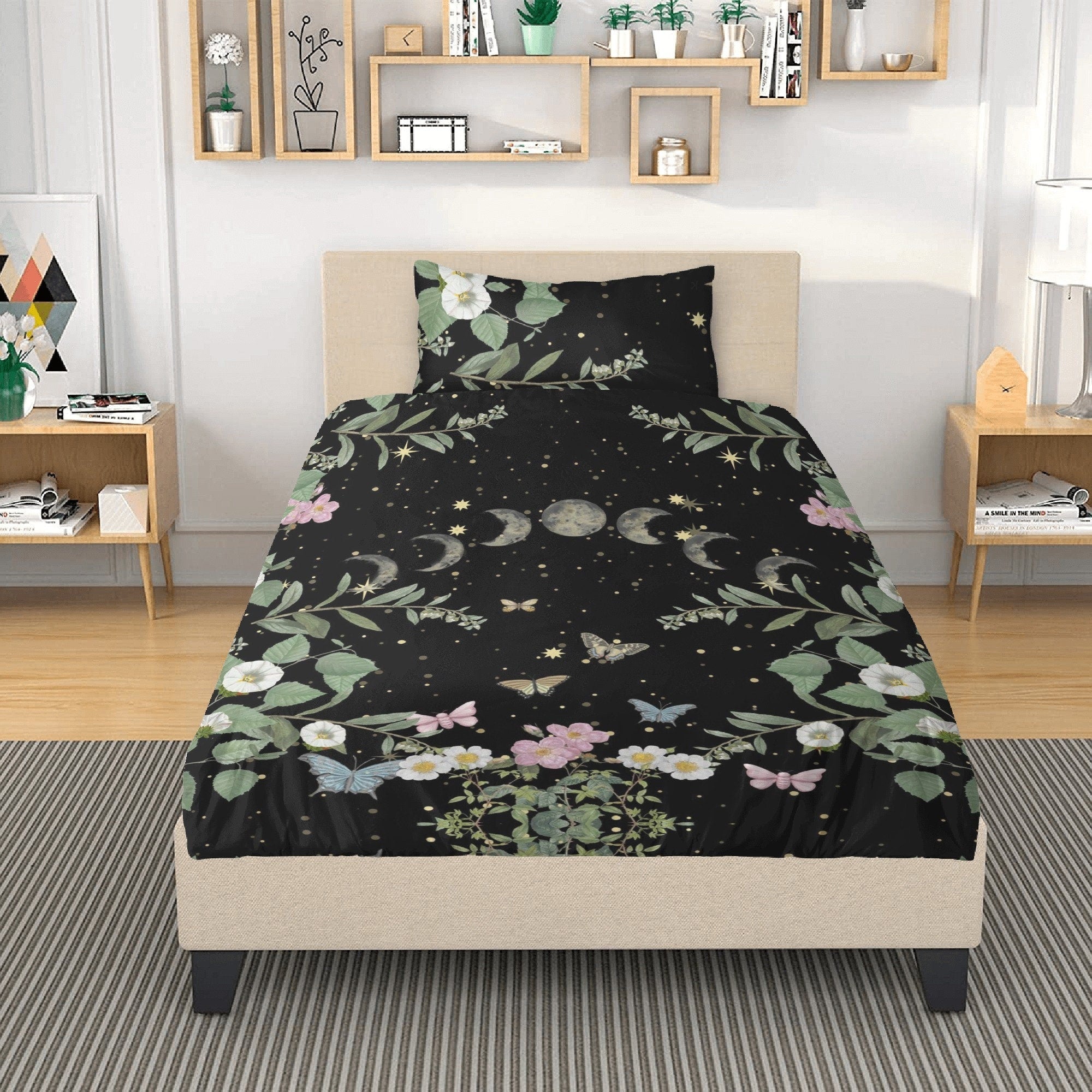 Dark Cottagecore Moon Phase, Moth Forest Bedding Set For Hippies
