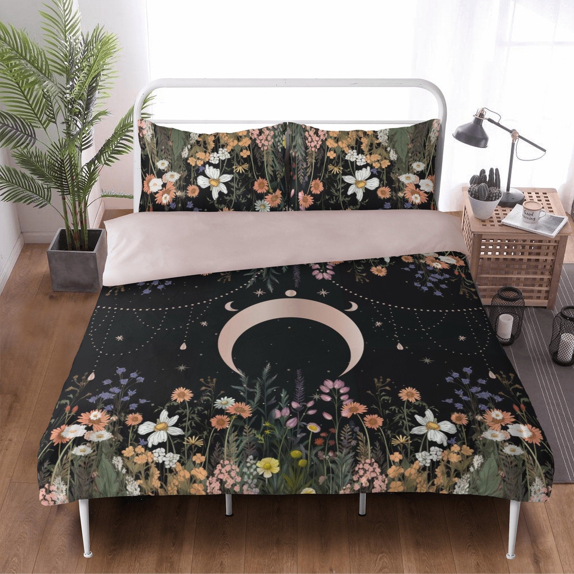 Dark Cottagecore Moon Phase, Wildflowers Whimsical Bedding Set For Hippies