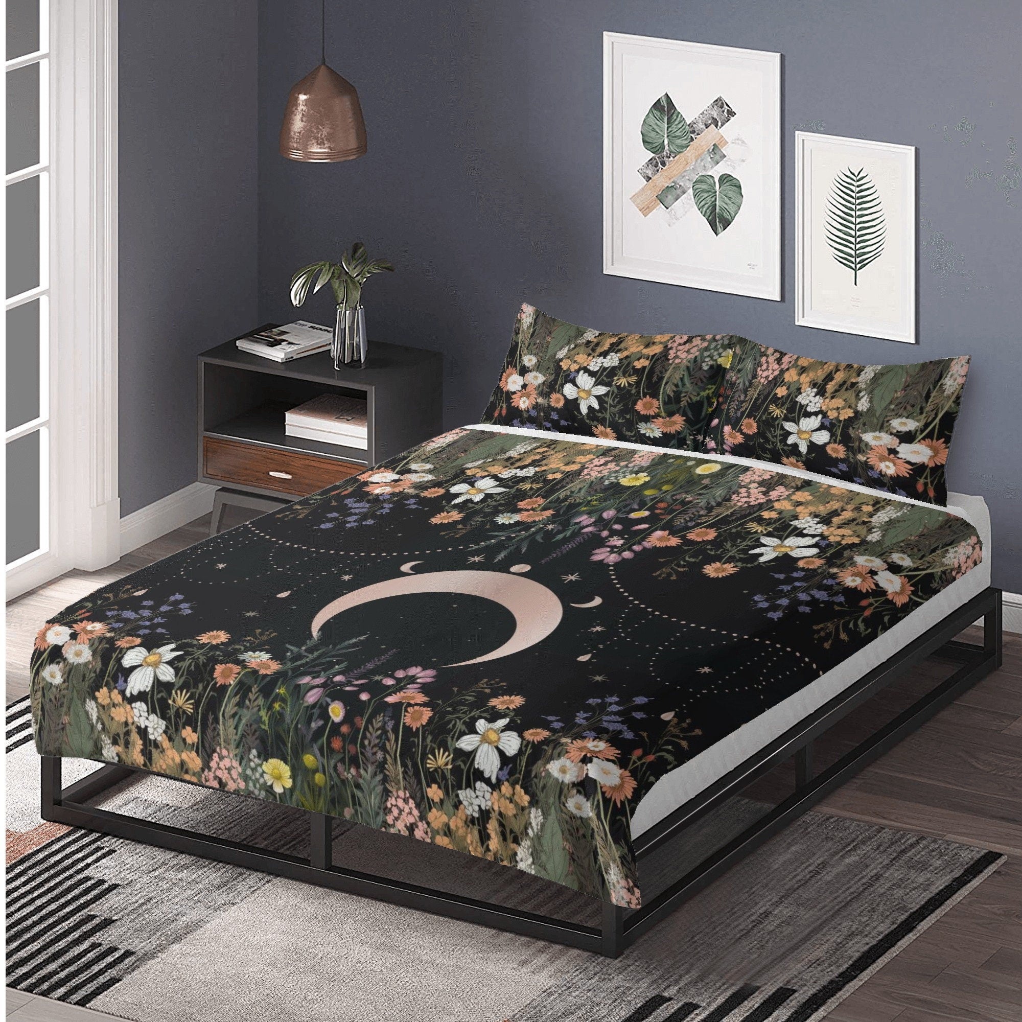 Dark Cottagecore Moon Phase, Wildflowers Whimsical Bedding Set For Hippies