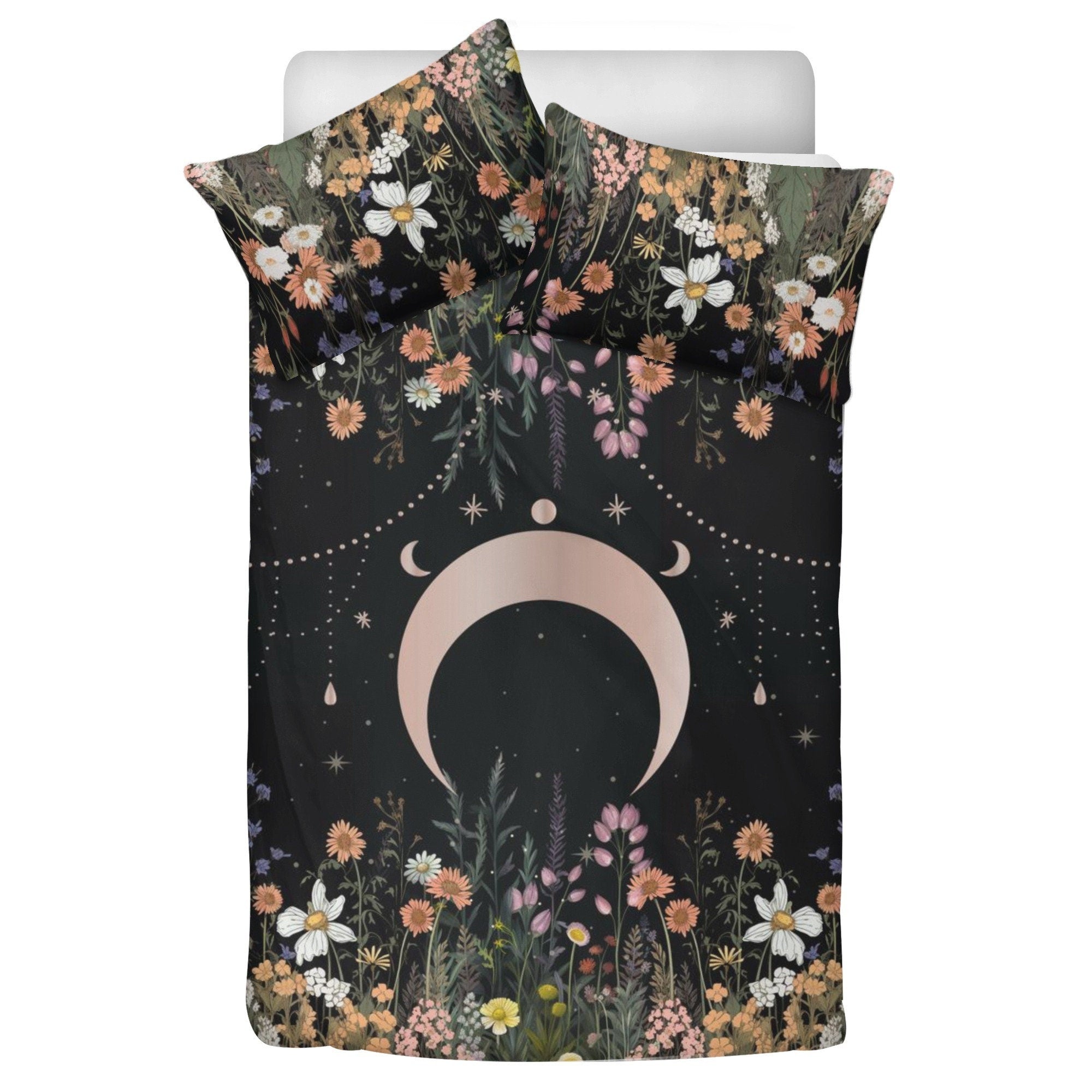Dark Cottagecore Moon Phase, Wildflowers Whimsical Bedding Set For Hippies