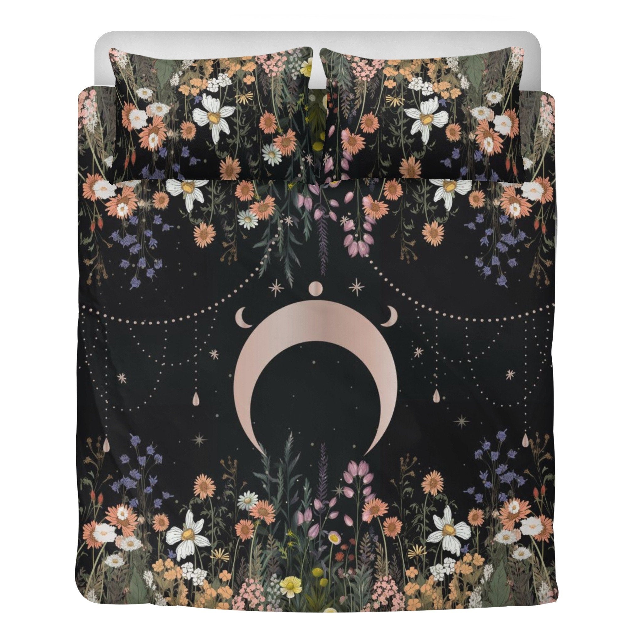 Dark Cottagecore Moon Phase, Wildflowers Whimsical Bedding Set For Hippies
