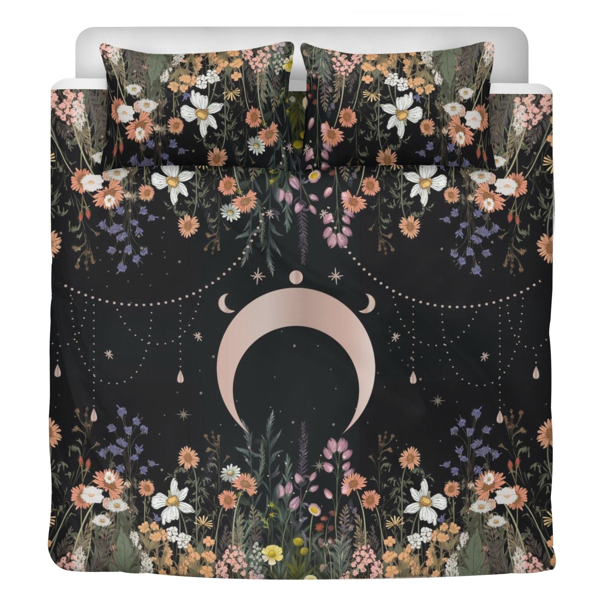 Dark Cottagecore Moon Phase, Wildflowers Whimsical Bedding Set For Hippies