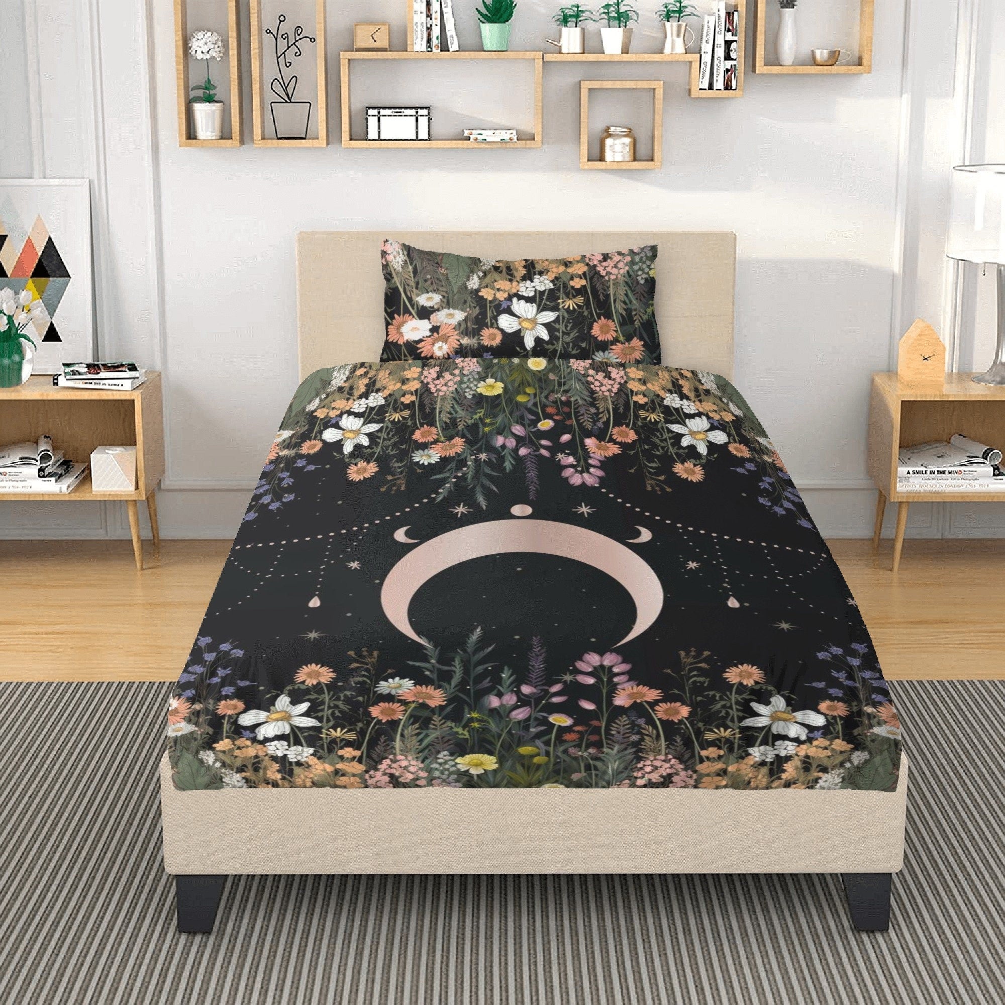 Dark Cottagecore Moon Phase, Wildflowers Whimsical Bedding Set For Hippies