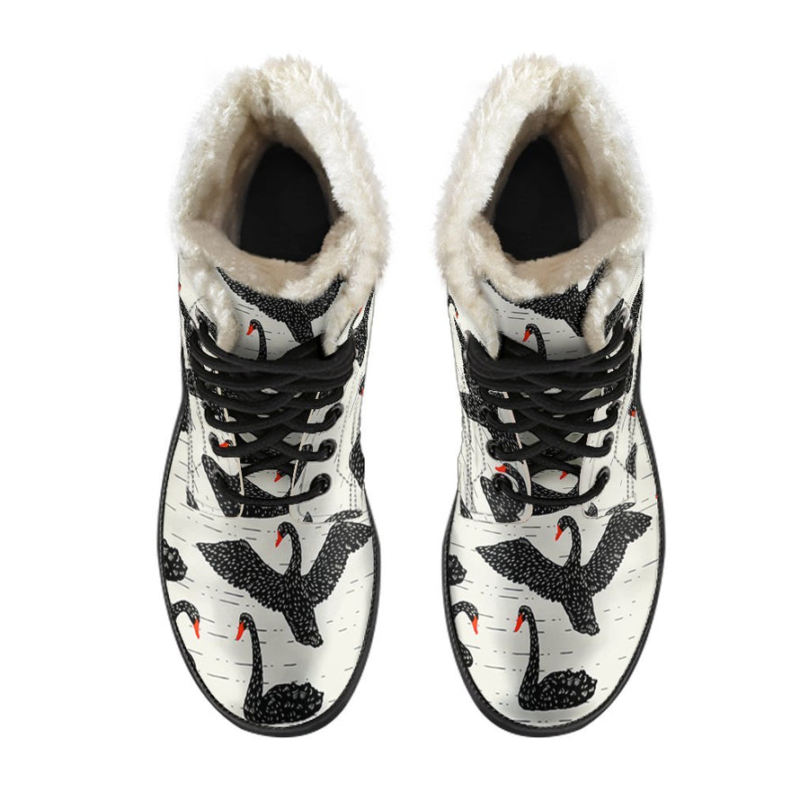 Charming Black Swan Print Comfy Faux Fur Boots For Winter Season