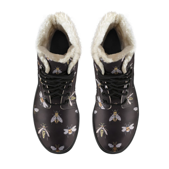 Golden Bee, Vintage Charm Print Comfy Faux Fur Boots For Winter Season