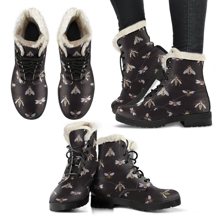 Golden Bee, Vintage Charm Print Comfy Faux Fur Boots For Winter Season